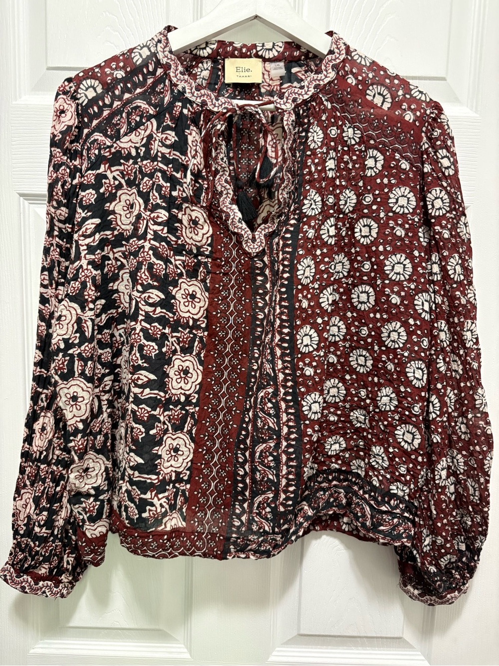 Blouse Elie Tahari L Burgundy Mixed Print Tassel Tie Peasant Top